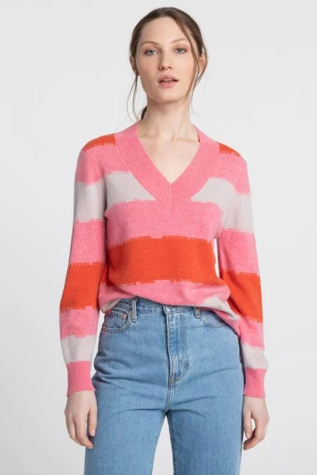 Kinross Cashmere Intarsia Stripe Vee Pullover